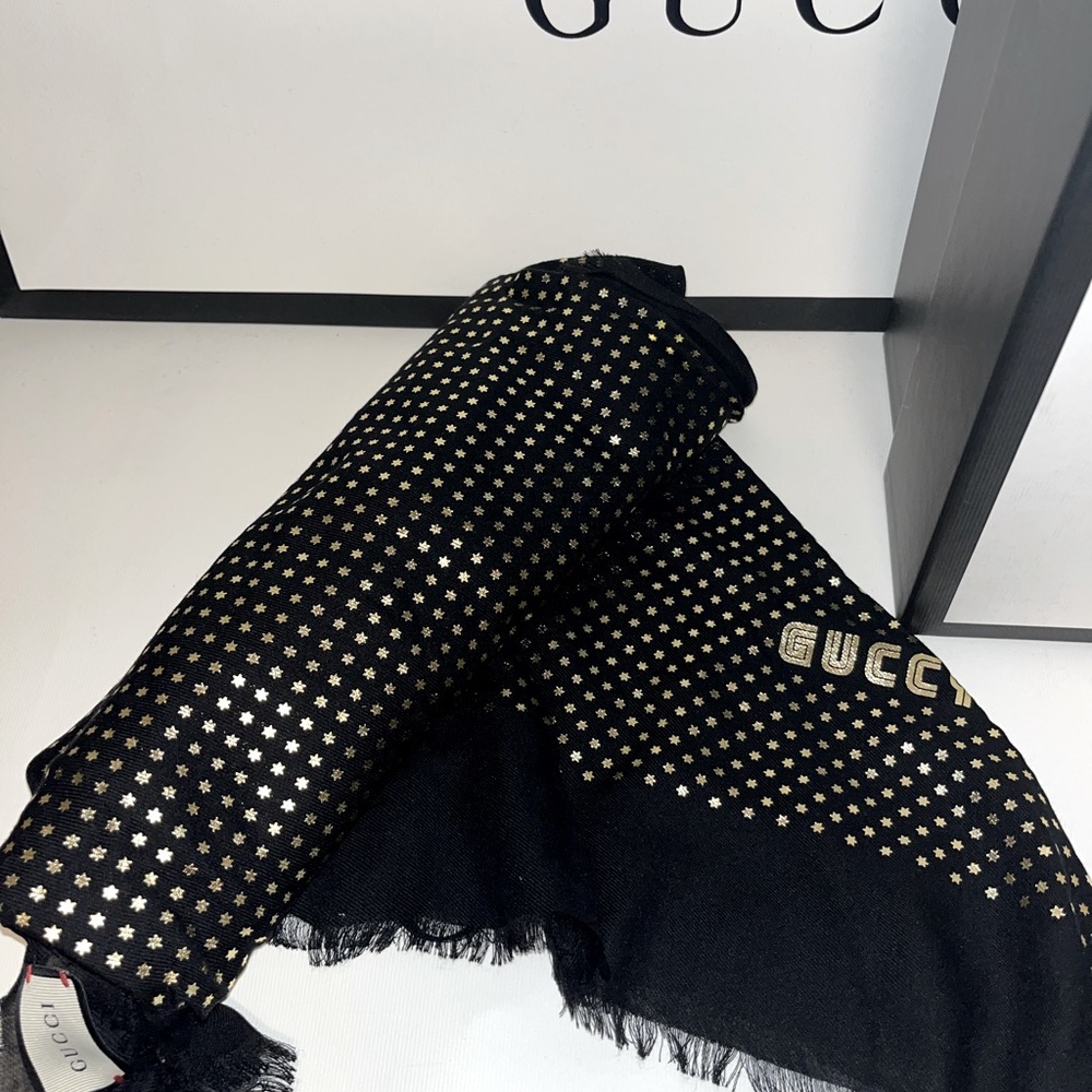 GUCCI SCARF X SEGA Modal Cashmere GUCCY Stars Print Shawl Black Gold